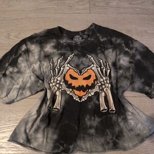 Junior's Black Tie-Dye Halloween Skeleton Heart T-Shirt - Orange Graphic